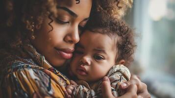 AI generated Child care with African American mother with her baby, Health care and happy family concept, generative AI photo