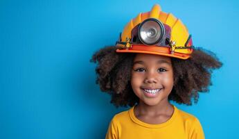 AI generated American african child girl wearing firefighter outfit like the firefighter isolated on blue banner background, conceptual of imagination and dream career, generative AI photo