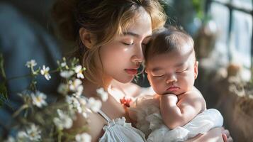 ai generado mujer y niño abrazando uno otro, mamá es consolador un bebé, hermosa conceptual imagen de niño cuidado, generativo ai foto