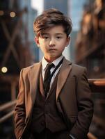 AI generated Young boy in a suit and tie standing in front of a city, generative AI photo