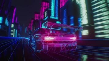 Loop of a cyber neon car through the night city in skyscrapers video