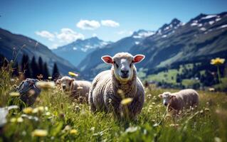 Tranquil Alpine Pasture Shepherd and Grazing Sheep photo