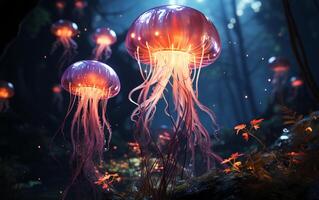 parecido a una medusa criatura en submarino bosque foto