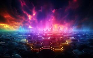 Abstract Neon Background 3D Rendering with Glowing Stormy Cloud and Hexagonal Frame photo
