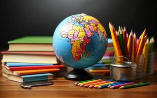 Classroom Essentials School Table with Books, Pencils, and Educational Globe photo