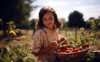 tomate alegría 8 año antiguo niña saboreando Fresco cosecha en el campo foto