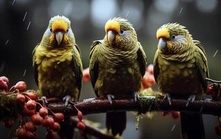 Vibrant Amazon Parrots on Rain-Soaked Branches under Overcast Sky photo