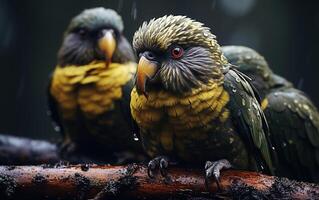 lluvioso día con vibrante Amazonas loros en el Amazonas selva foto