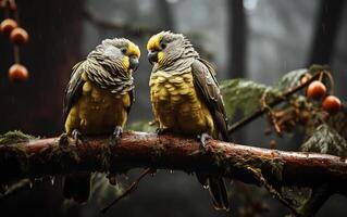 Exotic Avian Beauty Amazon Parrots on Rain-Soaked Branches photo