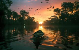 Amazonas río crucero a amanecer con rosado río delfines y exótico aves foto