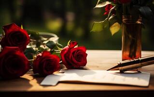 romántico gestos escritura un amor letra con un hermosa Fresco rojo Rosa foto