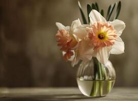 AI generated pink daffodil flower in a clear vase with a beige background photo