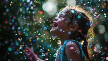 AI generated photo of young girl laughing and throwing confetti