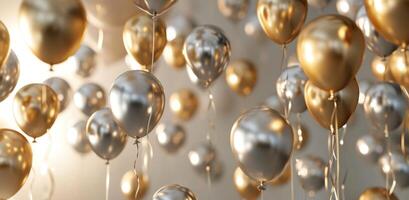 AI generated silver and gold balloons floating over a beige background photo