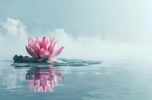 AI generated pink lotus flower floating in cold water in front of fog photo