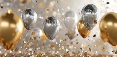 AI generated silver and gold balloons floating over a beige background photo