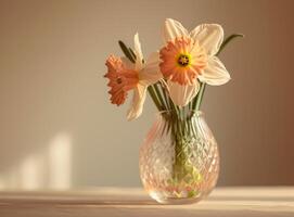 AI generated pink daffodil flower in a clear vase with a beige background photo