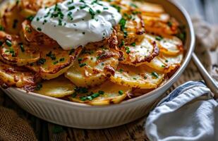 ai generado patatas ese son coronado con agrio crema y un cuchara foto