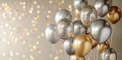 AI generated silver and gold balloons floating over a beige background photo