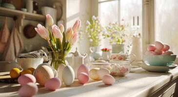 ai generado algunos vistoso Pascua de Resurrección huevos y flores son arreglado en un cocina foto
