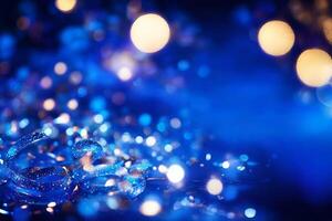 AI generated Celebration. Dark blue holiday background with colorful shining bokeh and serpentine photo