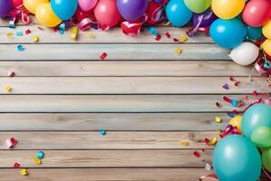 AI generated Colorful carnival or party frame of balloons, streamers and confetti on rustic wood photo