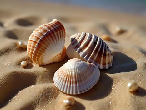 AI generated a couple of seashells sitting on top of a sandy beach, wearing seashell attire, seashell, conch shell photo