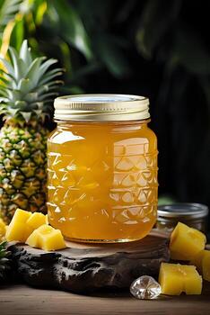 AI generated a jar of pineapple jam with a slice of pineapple photo