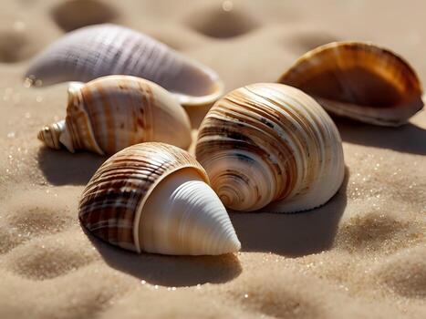 AI generated a couple of seashells sitting on top of a sandy beach, wearing seashell attire, seashell, conch shell photo