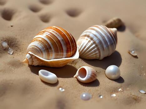 AI generated a couple of seashells sitting on top of a sandy beach, wearing seashell attire, seashell, conch shell photo