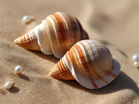AI generated a couple of seashells sitting on top of a sandy beach, wearing seashell attire, seashell, conch shell photo