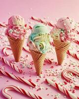 AI generated three colorful ice cream cones n a pink background are surrounded by candy canes photo