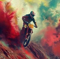 AI generated the image shows a rider going down the mountain in front of smoke photo