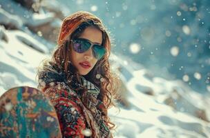 ai generado el mujer es posando en un con un tabla de snowboard foto