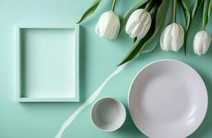 AI generated tulips, paper plate, and a blank frame photo