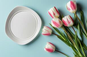 AI generated tulips, paper plate, and a blank frame photo