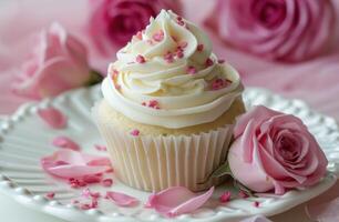 ai generado pequeño magdalena rodeado por rosado rosas y blanco Crema foto