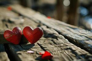 AI generated two red hearts placed on a wooden table photo