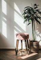 AI generated sitting on a pink velvet stool, a plant stands on a basket while white walls are far away photo