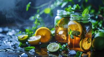 AI generated two jars with lemon, lime and mint iced tea photo