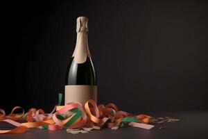 AI generated unopened bottle of champagne standing vertically on black background surrounded with colorful ribbons, neural network generated photorealistic image photo