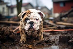 AI generated alone wet and dirty bulldog after disaster on the background of house rubble, neural network generated image photo