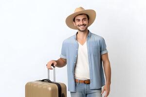 AI generated young adult Caucasian male in casual clothes with suitcase on white background, neural network generated photorealistic image photo