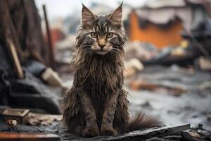 AI generated alone, wet, dirty and hungry domestic cat after disaster on the background of house rubble, neural network generated image photo