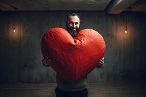 AI generated bearded Caucasian man holding big red heart in a basement, neural network generated photorealistic image photo