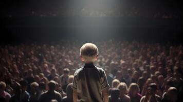 AI generated Small child gives a speech on stage in front of thousands people crowd, view from behind, neural network generated picture photo