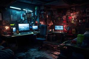 AI generated Messy and dark cyberpunk hacker hideout room. Neural network generated image photo