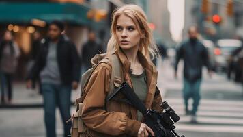 ai generado joven hermosa rubia femenino mujer a tiempo de día ciudad calle participación m4 asalto rifle, neural red generado imagen foto