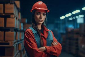 AI generated caucasian woman in orange hard hat posing with her arms crossed in an industrial warehouse, neural network generated photorealistic image photo