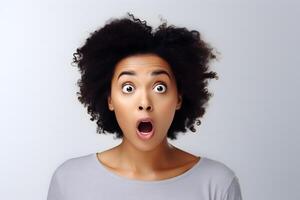 AI generated surprised African American woman, head and shoulders portrait on white background. Neural network generated image photo